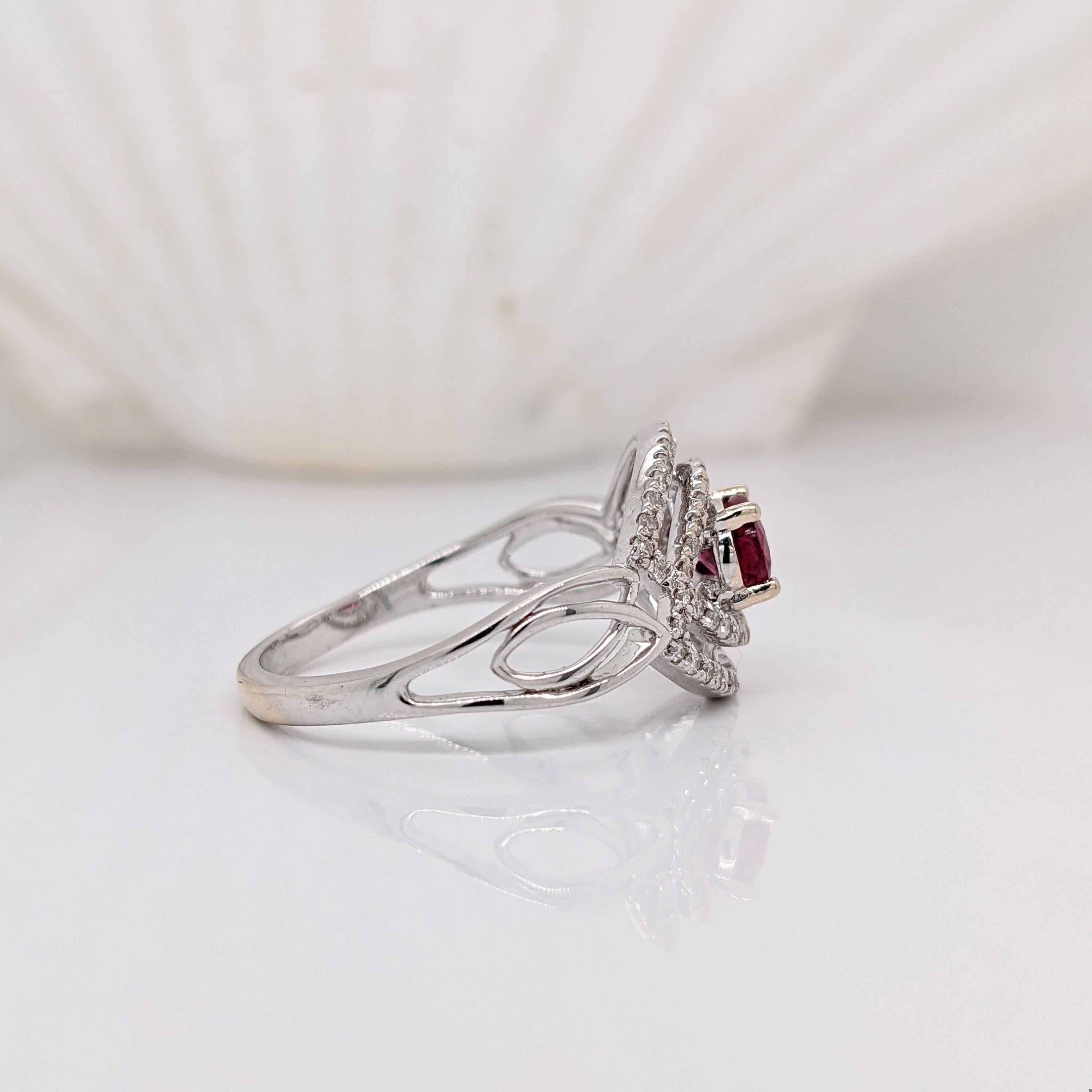 Modern East West Red Ruby Ring w Earth Mined Diamond in Solid 14k White Gold Oval 6x4mm For Sale