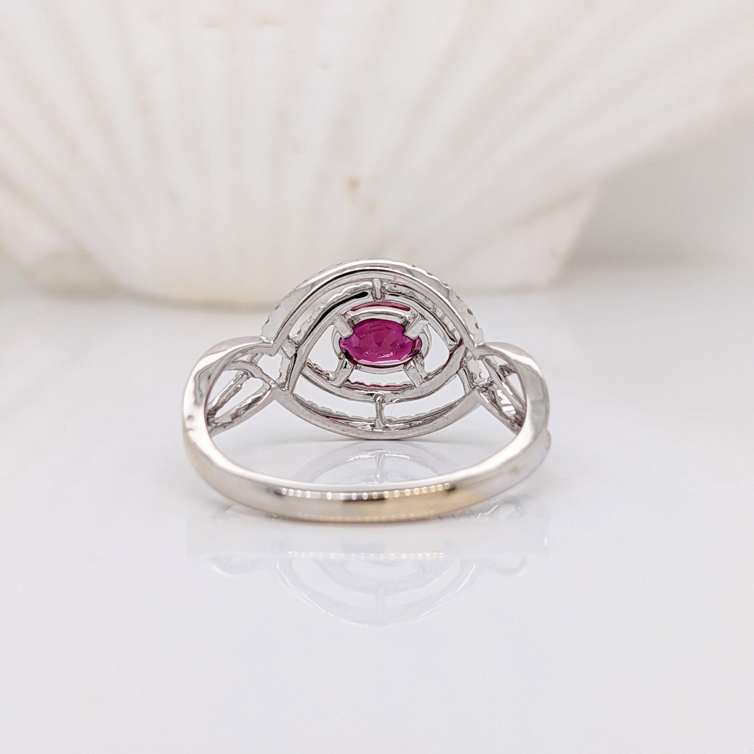 Oval Cut East West Red Ruby Ring w Earth Mined Diamond in Solid 14k White Gold Oval 6x4mm For Sale