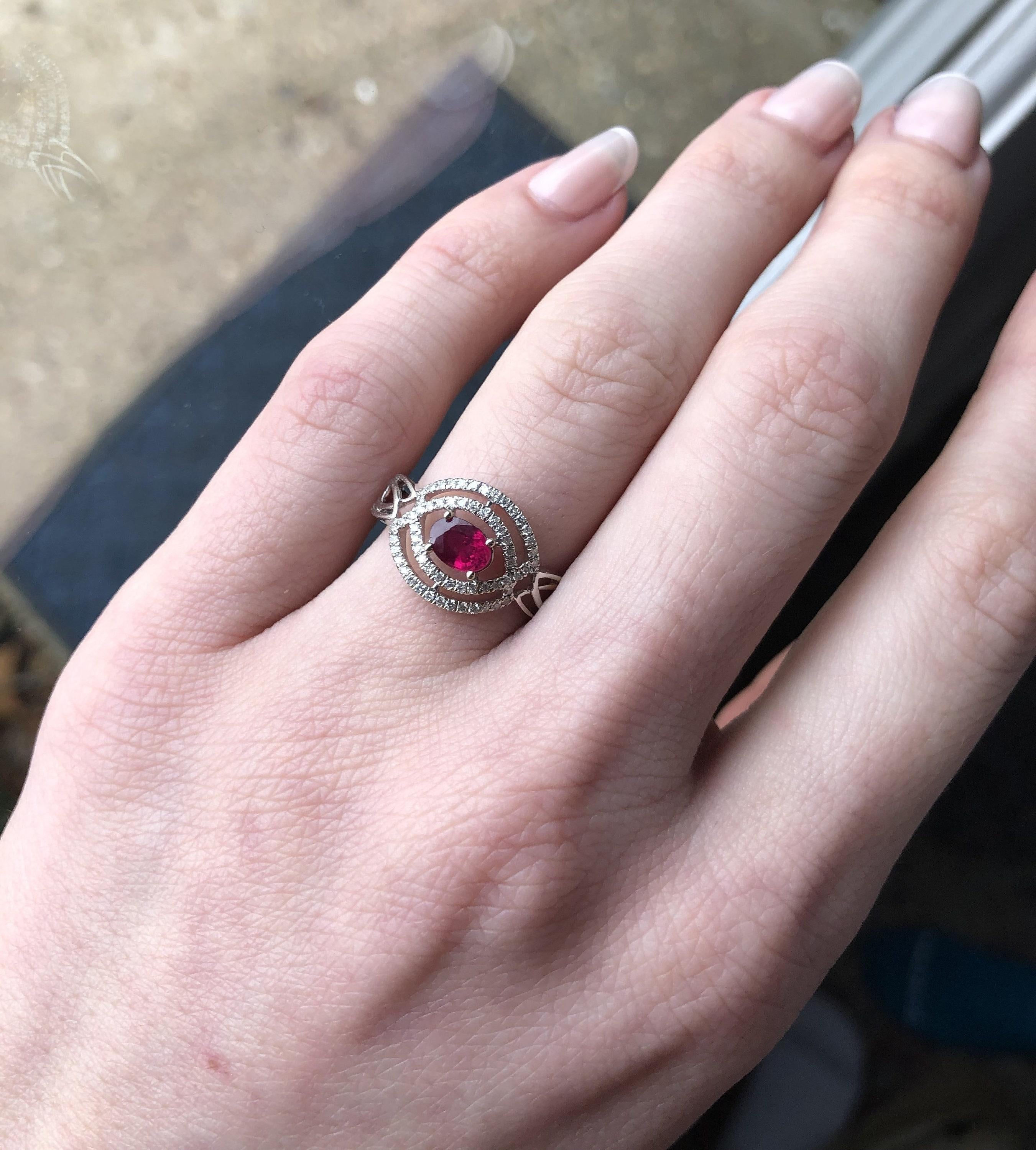 East West Red Ruby Ring w Earth Mined Diamond in Solid 14k White Gold Oval 6x4mm For Sale 1