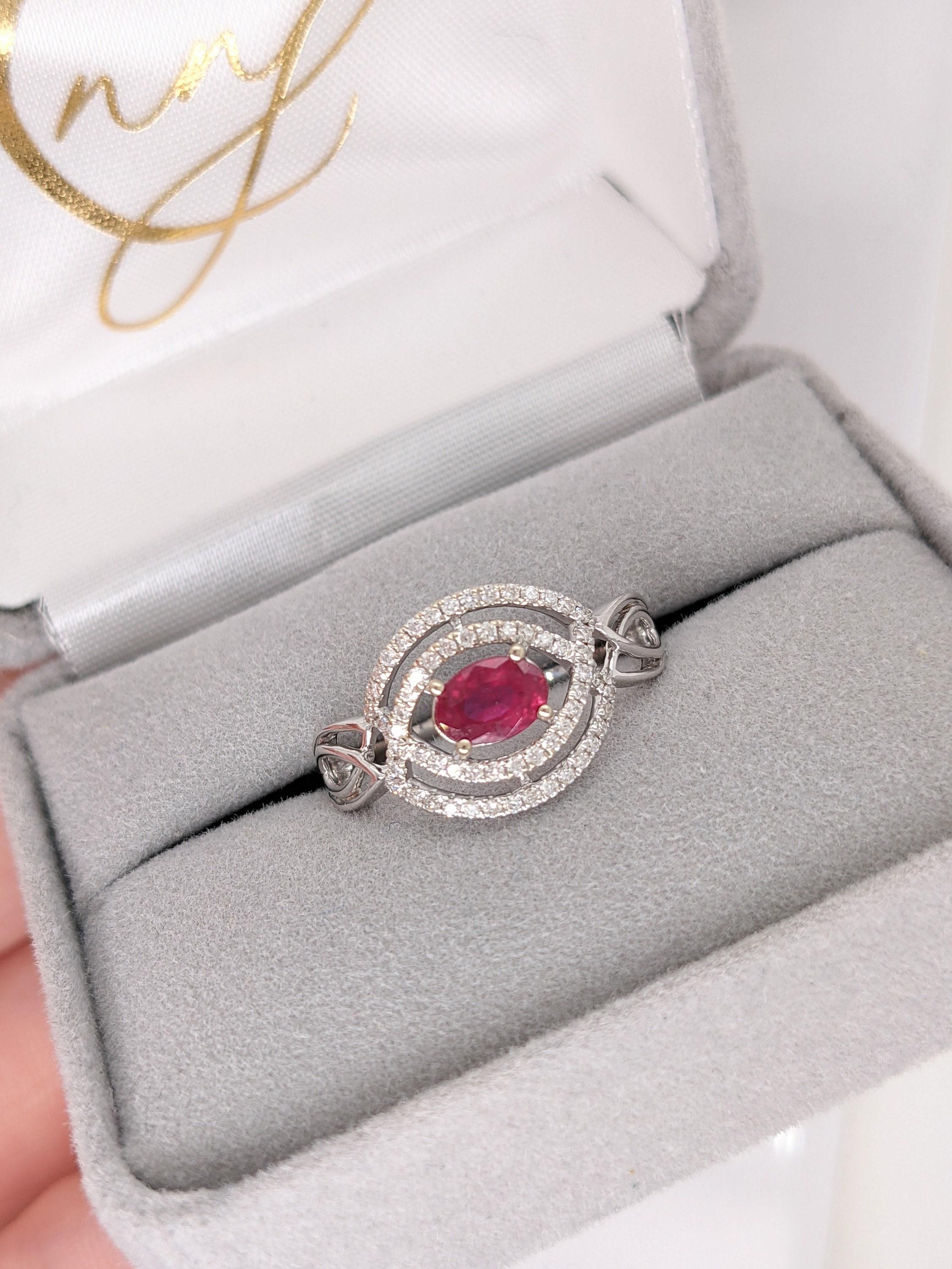 East West Red Ruby Ring w Earth Mined Diamond in Solid 14k White Gold Oval 6x4mm For Sale 2