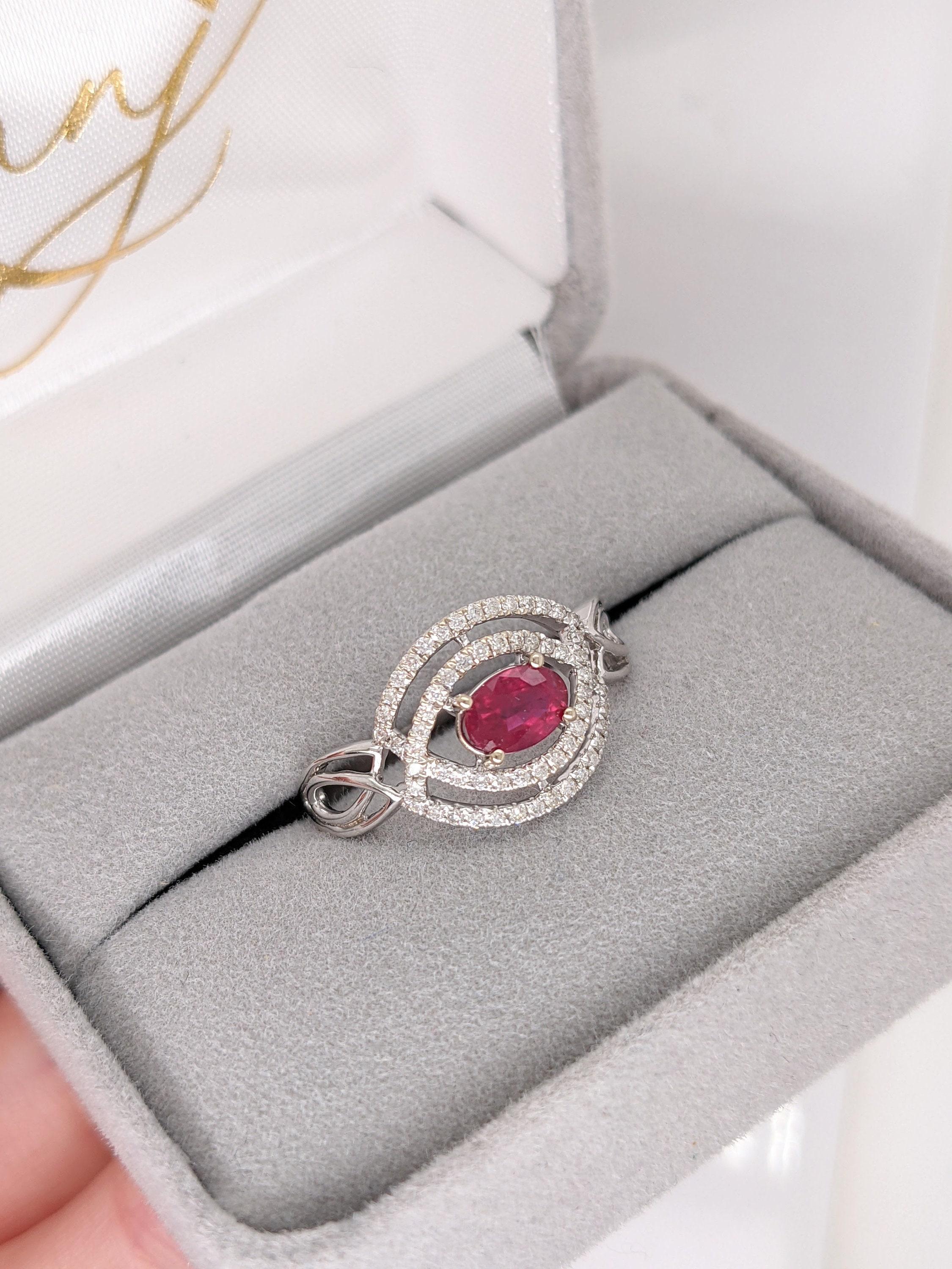 East West Red Ruby Ring w Earth Mined Diamond in Solid 14k White Gold Oval 6x4mm For Sale 3