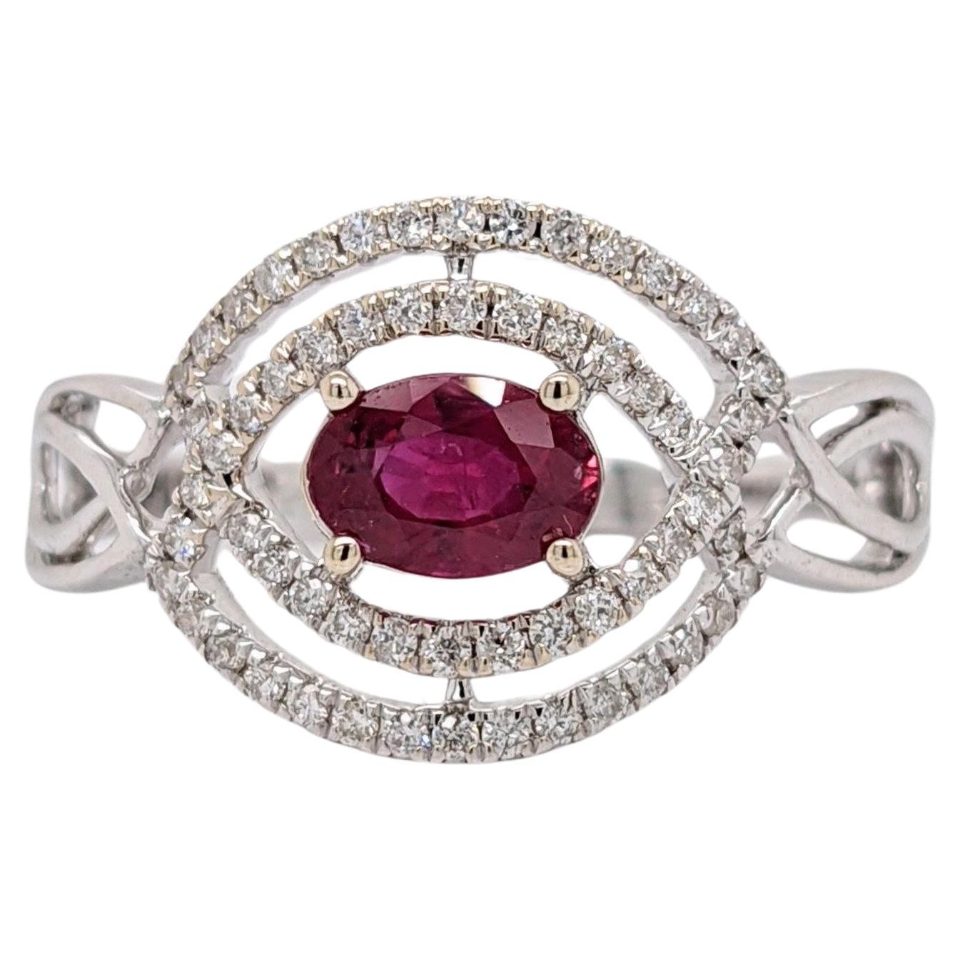 East West Red Ruby Ring w Earth Mined Diamond in Solid 14k White Gold Oval 6x4mm For Sale