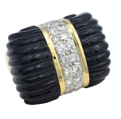 East West Ridged Onyx Cocktail Ring with Diamonds in 14 Karat Yellow Gold