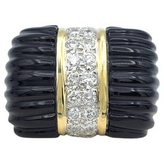 East West Ridged Onyx Cocktail Ring with Diamonds in 14 Karat Yellow Gold