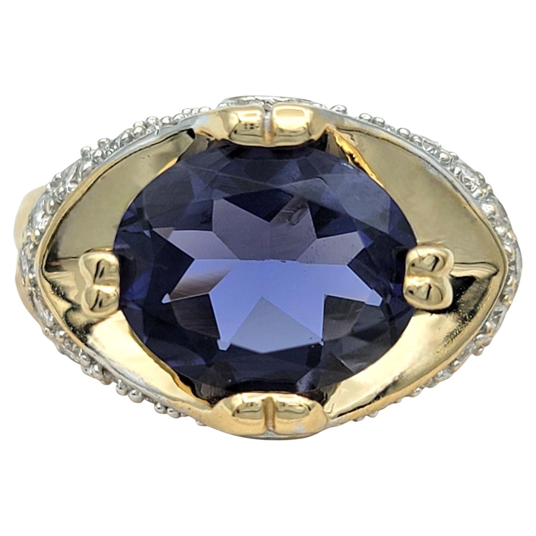 East West Set Oval Cut Iolite and Diamond Cocktail Ring Two-Tone 14 Karat Gold