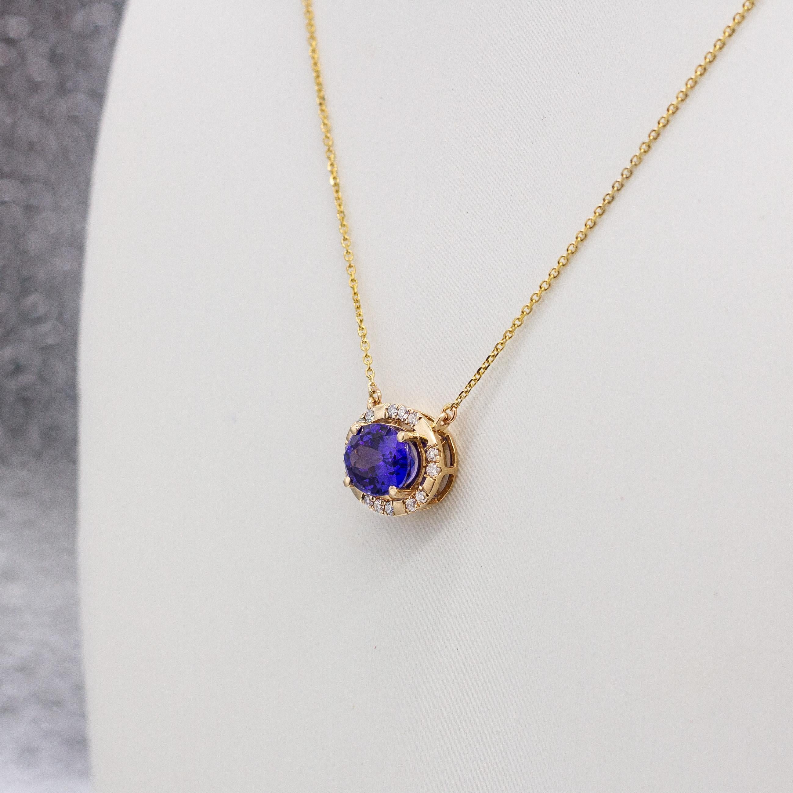 Contemporary East-West Tanzanite Necklace with Natural Diamonds Halo: 14k Solid Gold, 9x7mm For Sale