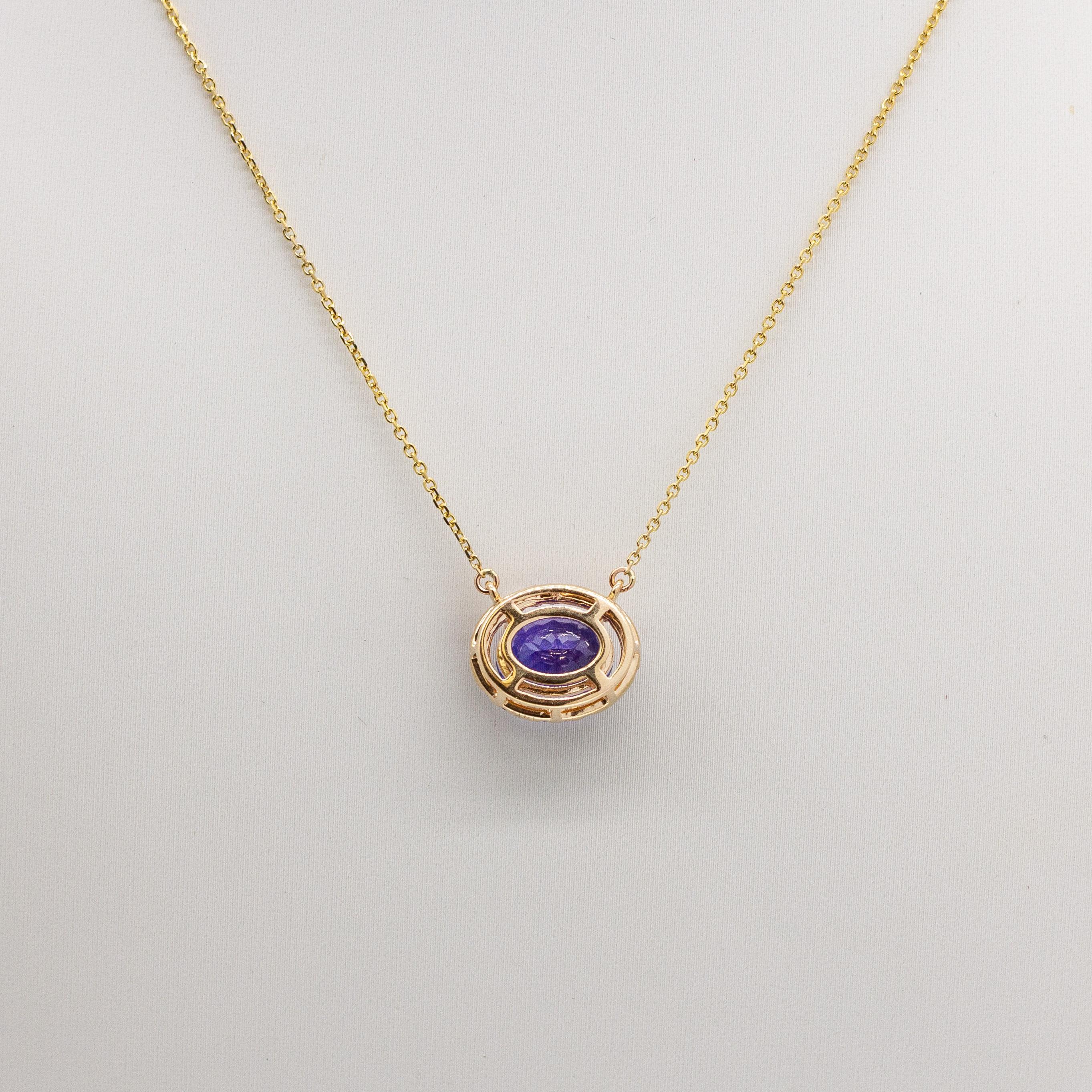 Oval Cut East-West Tanzanite Necklace with Natural Diamonds Halo: 14k Solid Gold, 9x7mm For Sale