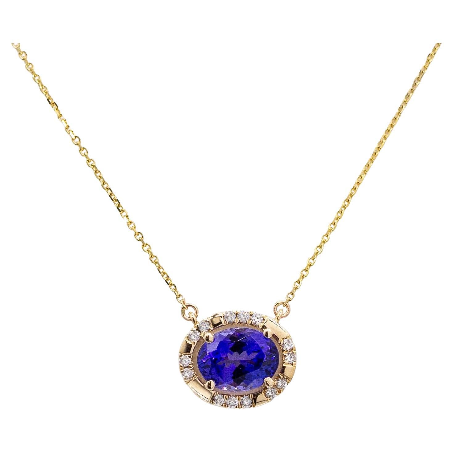 Collier de tanzanite est-ouest avec halo de diamants naturels : or massif 14k, 9x7mm