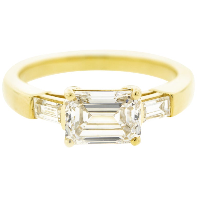 East West  Three Stone Emerald Cut Diamond Engagement  Ring  