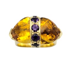 East West Triangular Citrine Cocktail Ring with Amethyst in 18 Karat Yellow Gold