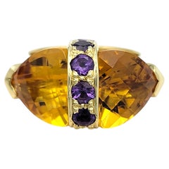 East West Triangular Citrine Cocktail Ring with Amethyst in 18 Karat Yellow Gold