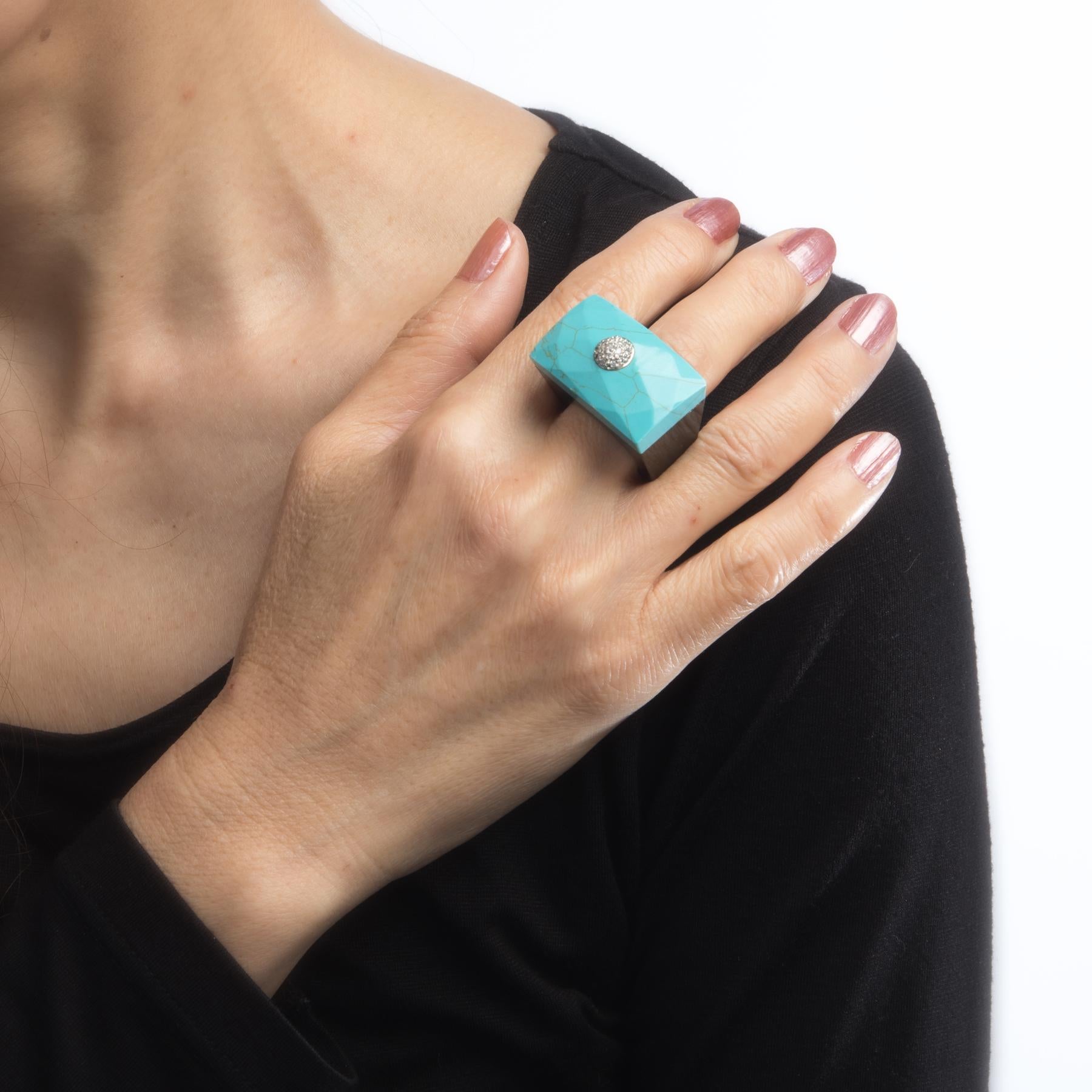 Round Cut East West Turquoise Onyx Diamond Cocktail Ring 