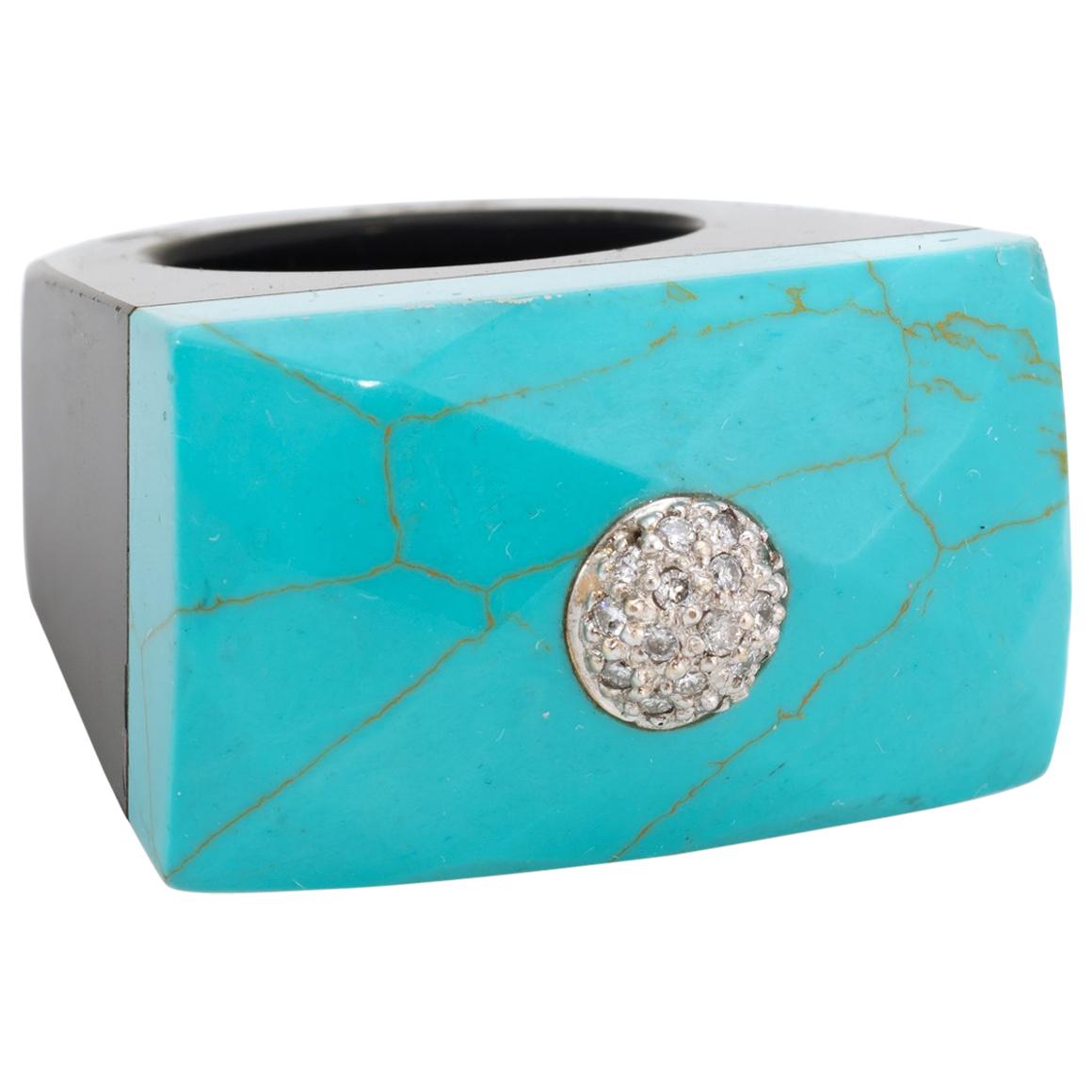 East West Turquoise Onyx Diamond Cocktail Ring 