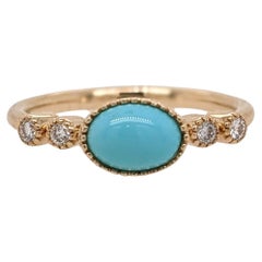East West Turquoise Ring w Earth Mined Diamonds in Solid 14K Gold Oval 7x5mm