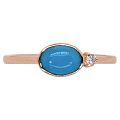 East West Turquoise Ring w Natural Diamond Accent in Solid 14K Gold  OV 7x5mm