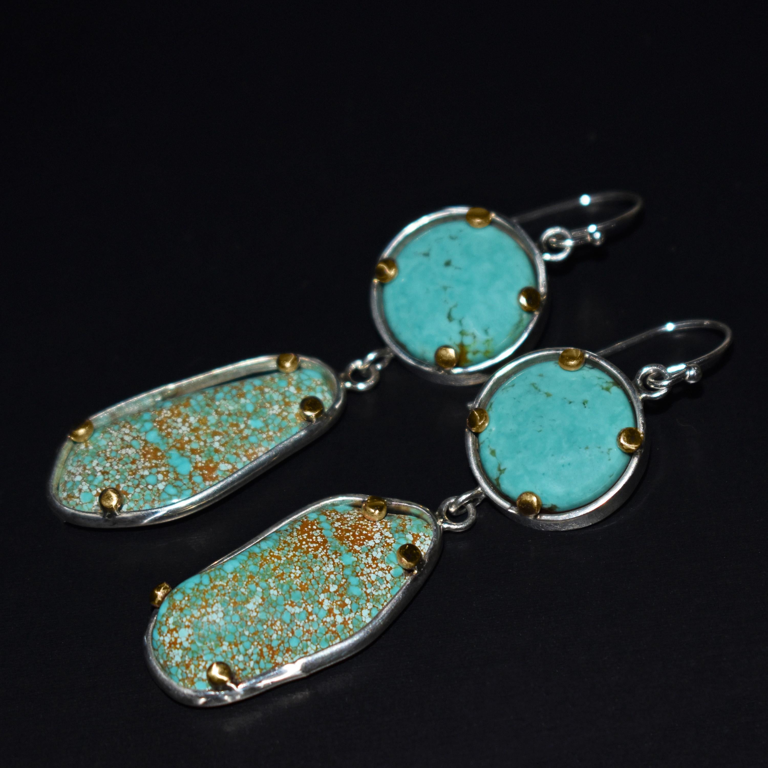 Handmade sterling silver with 14k yellow gold accents dangle earrings featuring gorgeous, natural Turquoise from Russia and the Easter Blue Turquoise mine in Nevada, USA. Earrings are 2.56 inches in length.