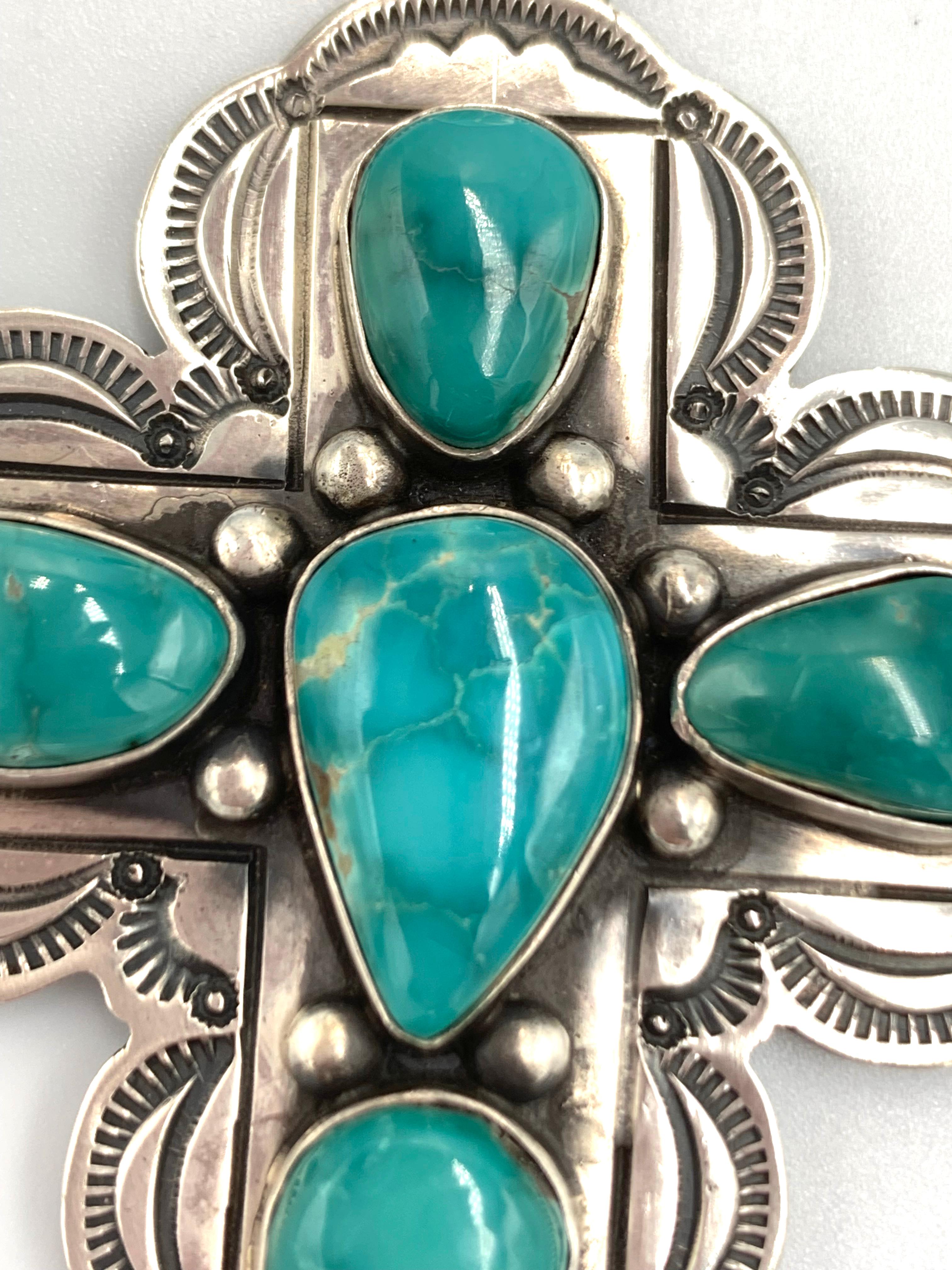 Nativo americano Ciondolo a forma di croce in argento con turchese blu di Pasqua di Paul Begay in vendita