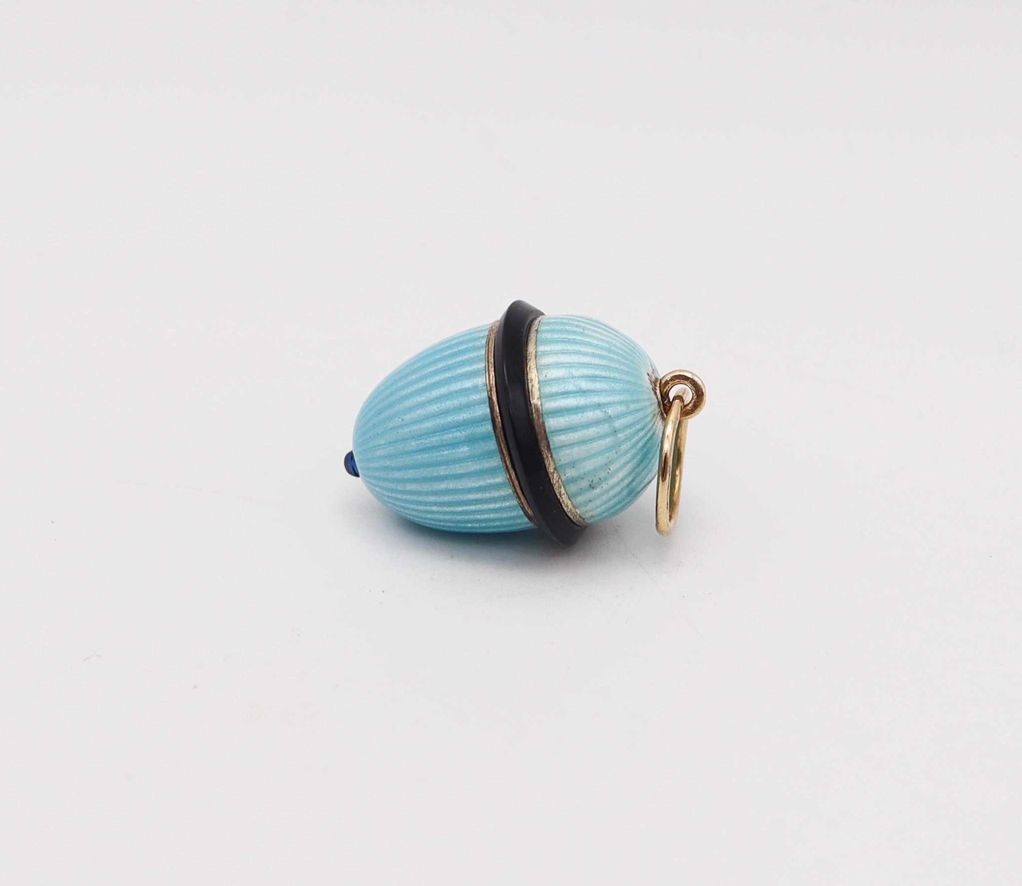 Cabochon Easter Egg 1930 Art Deco Pendant In Blue Guilloche Enamel 18Kt Gold And Sapphire