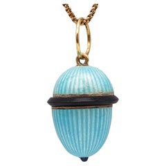 Antique Easter Egg 1930 Art Deco Pendant In Blue Guilloche Enamel 18Kt Gold And Sapphire