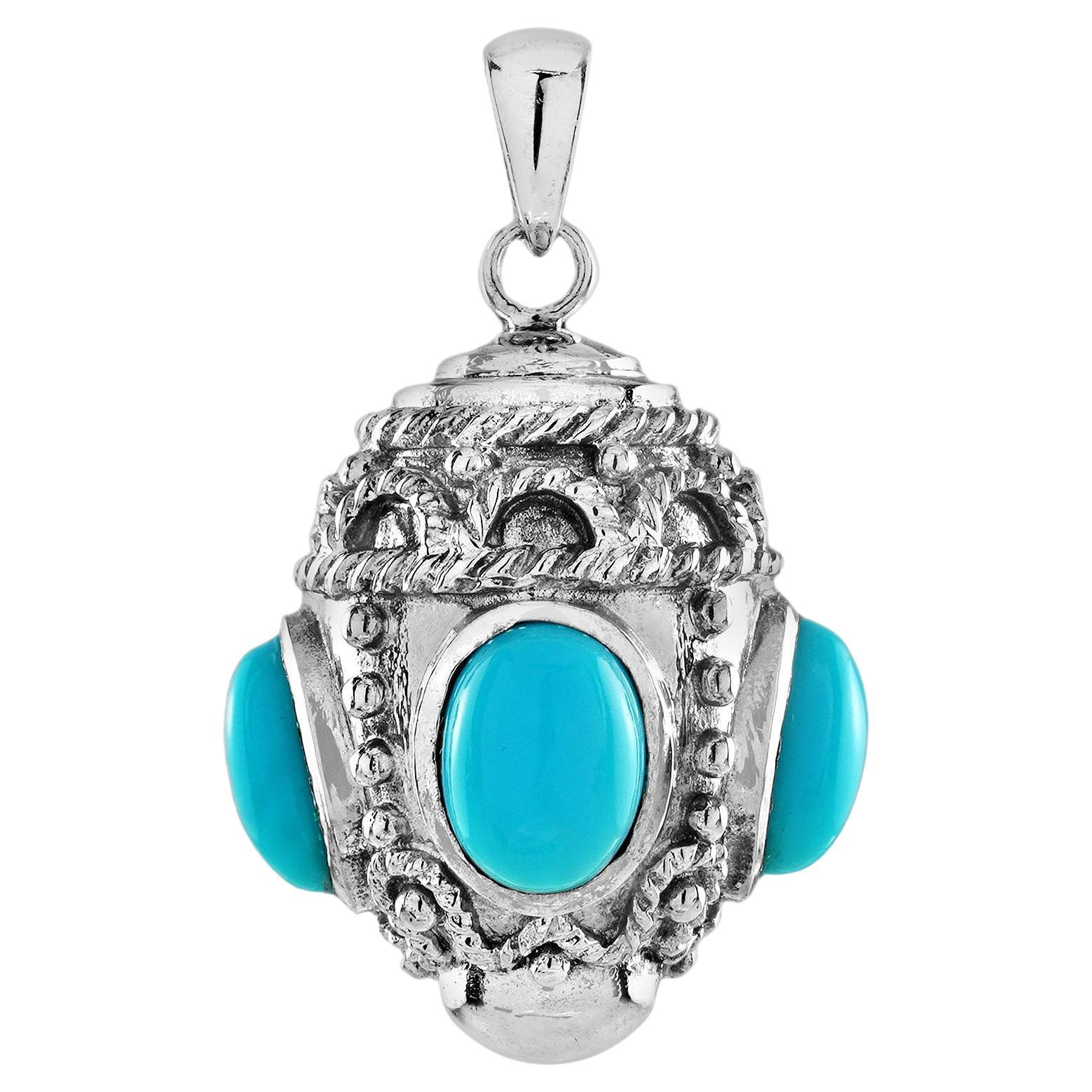 Easter Egg Shape Vintage Style Turquoise Pendant in 9K White Gold For Sale