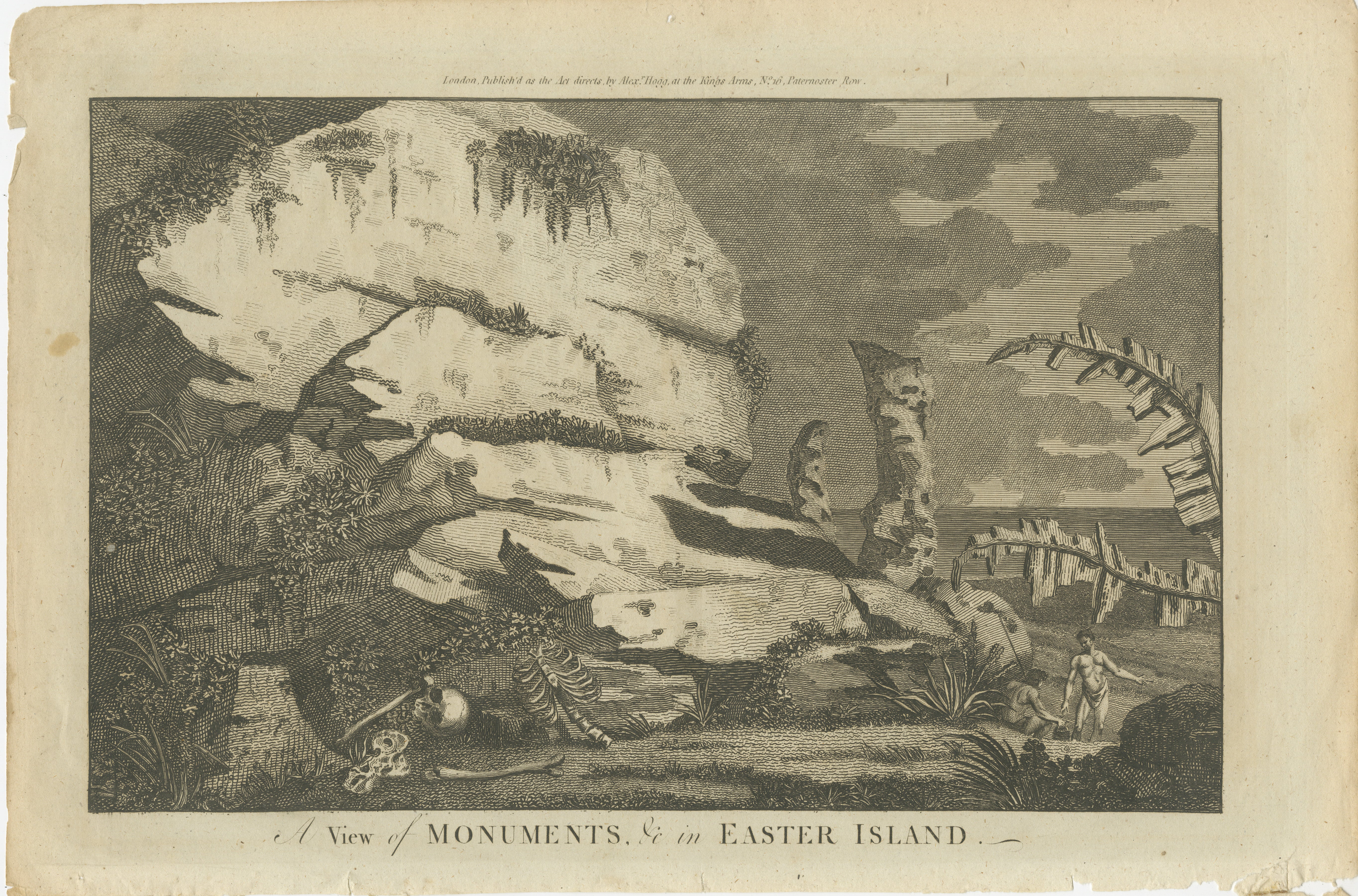 This original antique engraving is a historical depiction of Easter Island, known for its monumental statues called Moai. The image is titled 