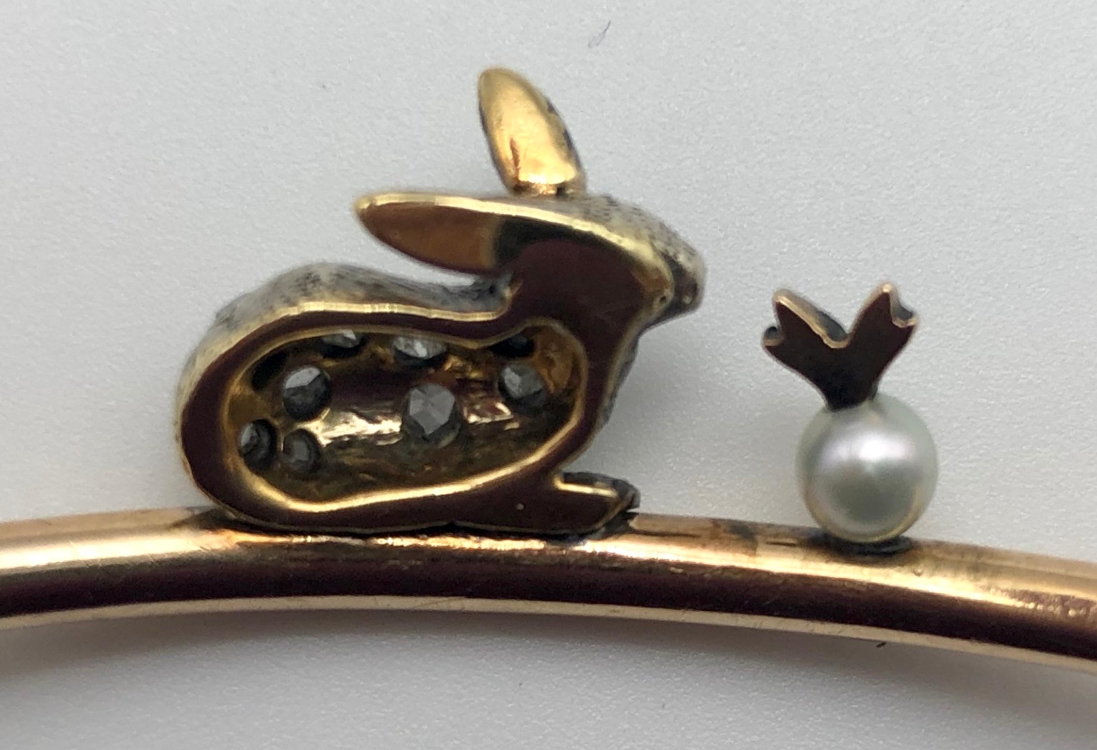 Easter Rabbit Bunny Turnip Natural Pearl Ruby Diamond Gold Bangle Bracelet In Excellent Condition In Munich, Bavaria