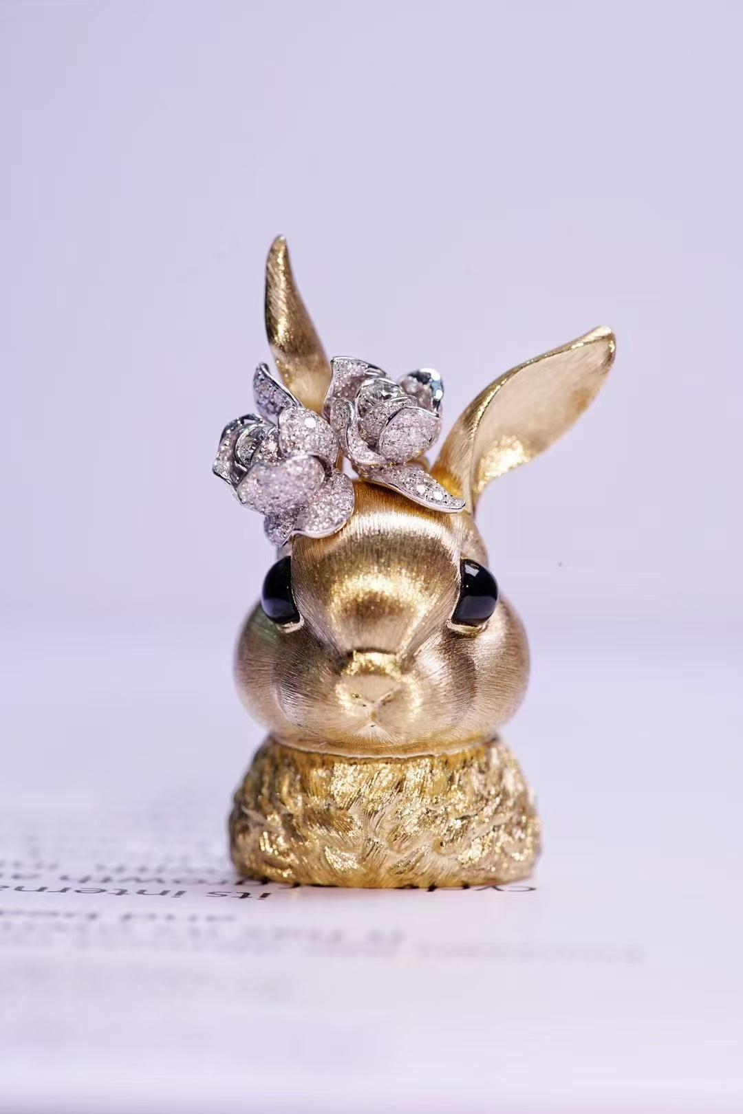 Women's or Men's Exquisite Easter Bunny Gold Brooch&Pendant with Nature Diamond Heavy Gold For Sale