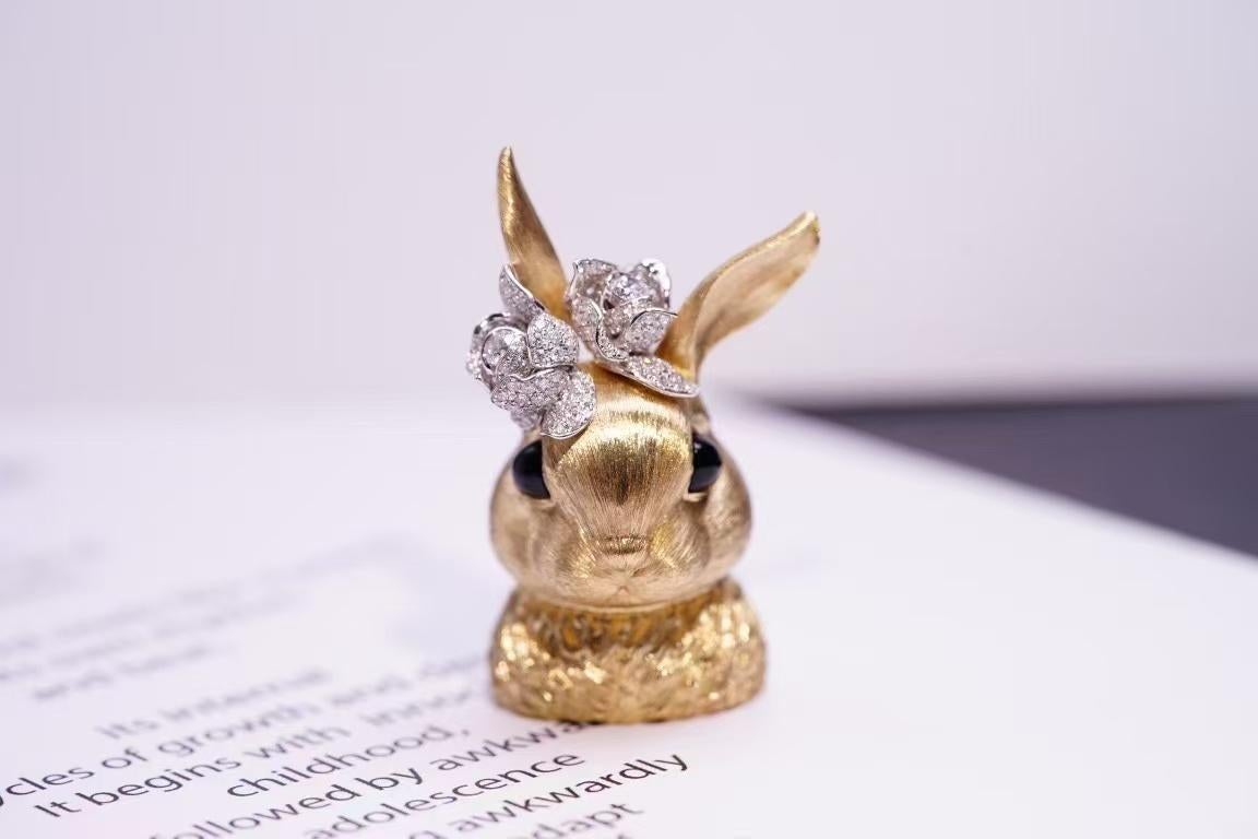 Exquisite Easter Bunny Gold Brooch&Pendant with Nature Diamond Heavy Gold For Sale 2