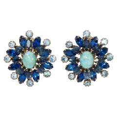 Easter Turquoise Cabochon, Sapphire, Aquamarine Crystal Clip on Earrings, 1900s