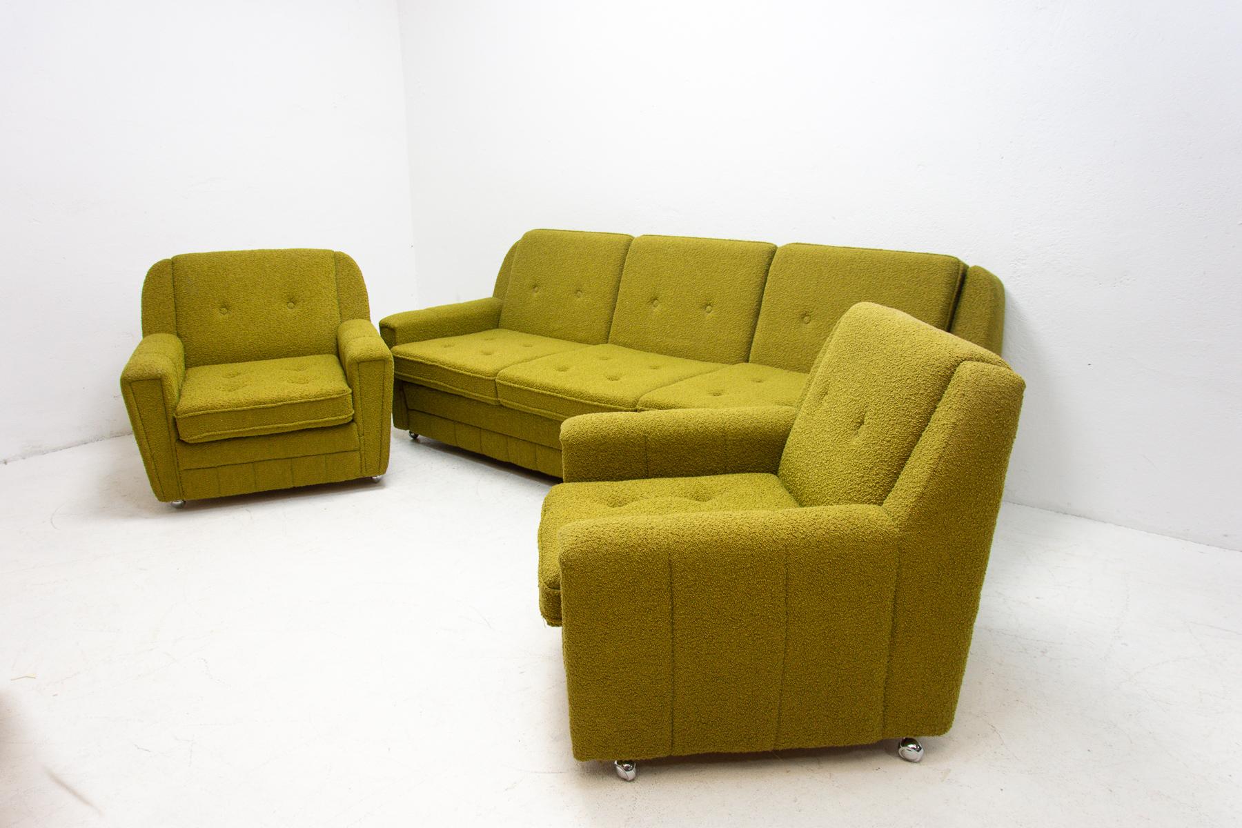 This living room set is a typical example of furniture design of the 1970/1980´s in the former Czechoslovakia. It was made by JITONA company and this living set was one of the most sought after in Czechoslovakia and was one of the few to be exported