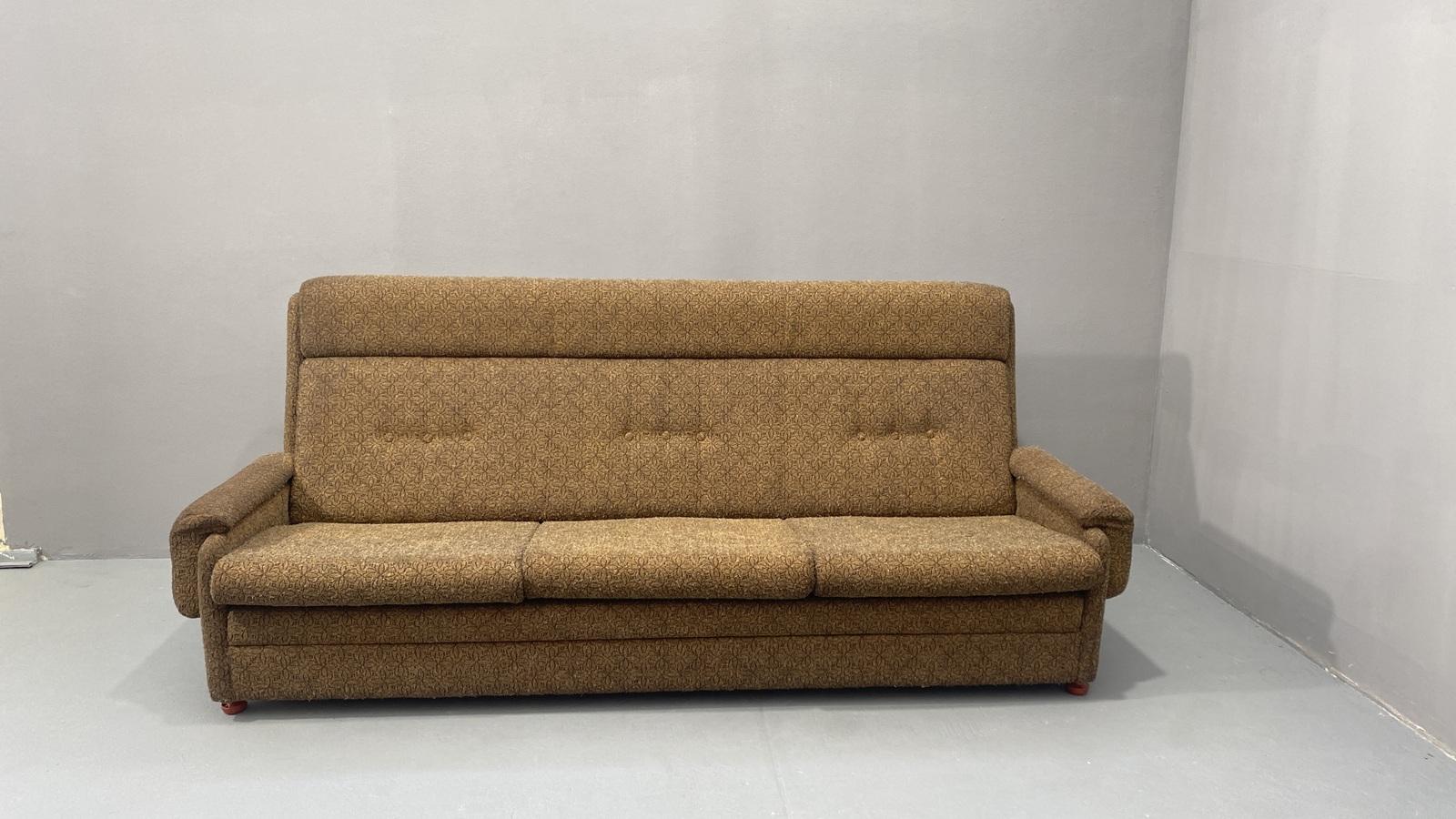 This vintage sofa is a typical example of furniture design of the 1970/1980´s in the former Czechoslovakia. It was made by Mier Topolčany company in the 1970´s.

The sofa is based on a strong molding upholstered with PUR foam.
Thanks to the