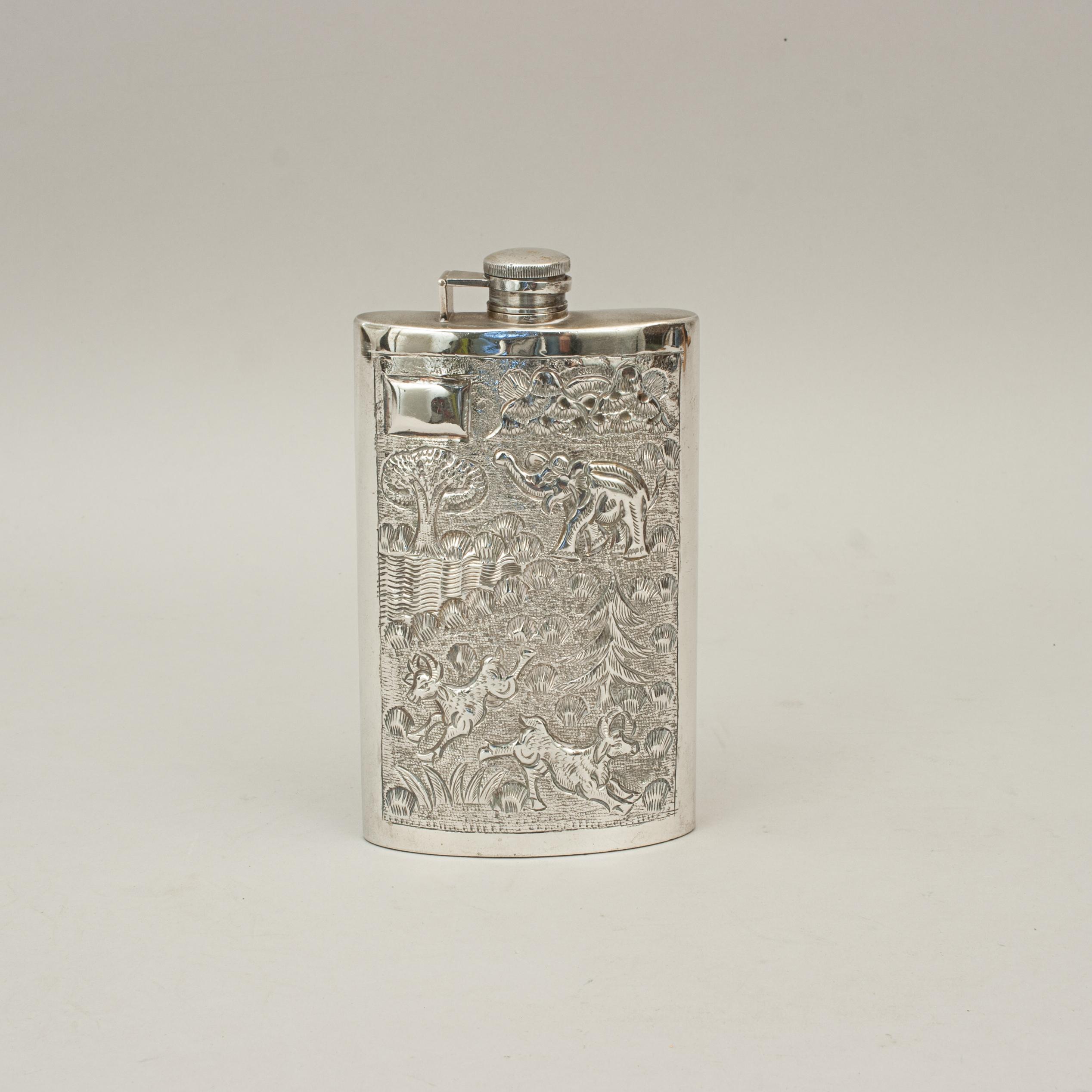Sporting Art Eastern Design Silver Hip Flask with Elephant, Colonial Hip Flask