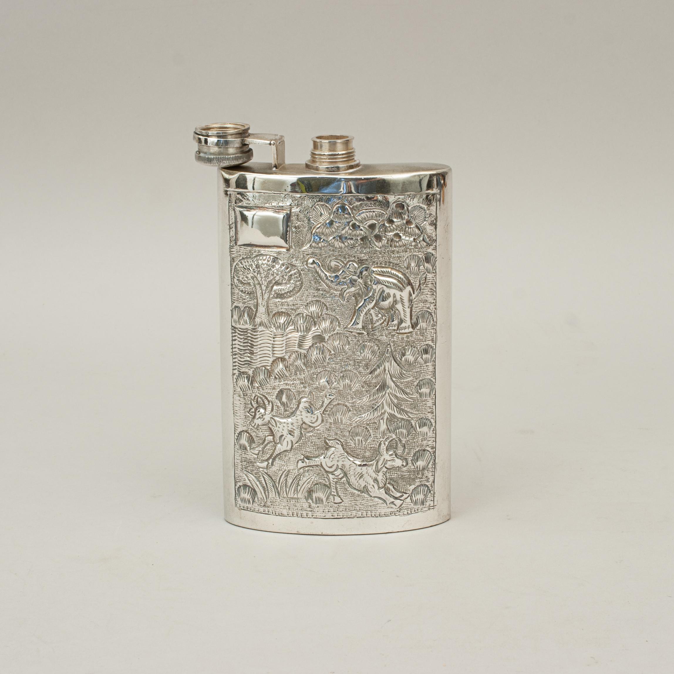 Unknown Eastern Design Silver Hip Flask with Elephant, Colonial Hip Flask