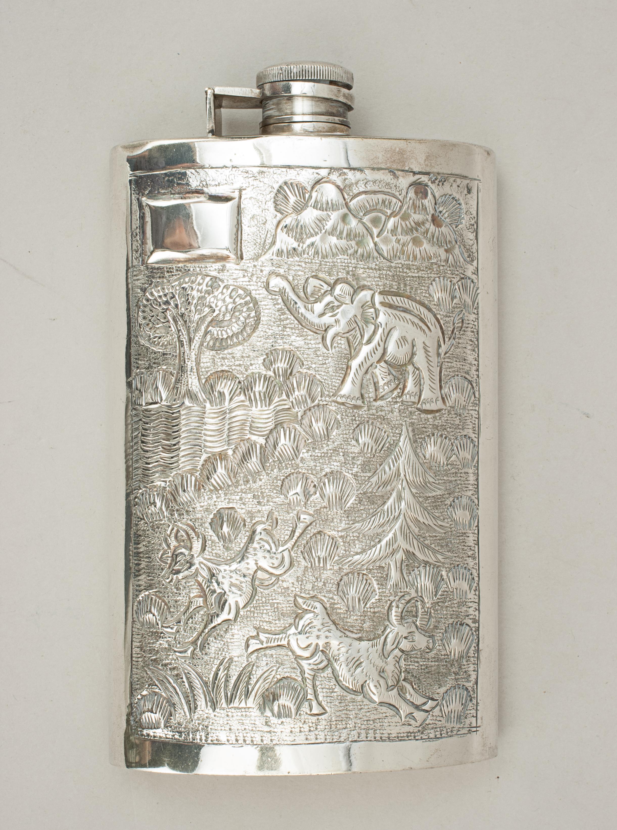 Mid-20th Century Eastern Design Silver Hip Flask with Elephant, Colonial Hip Flask