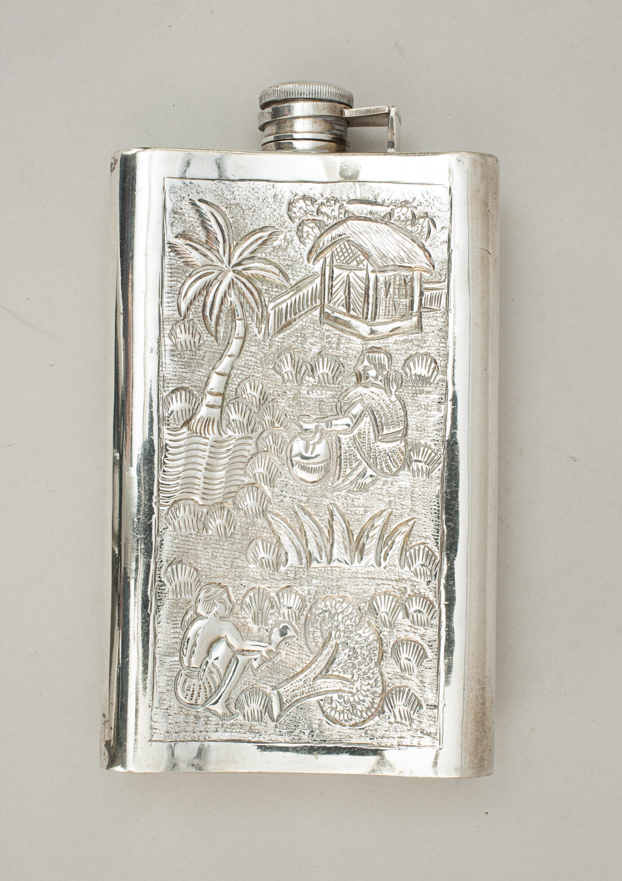 Silver Plate Eastern Design Silver Hip Flask with Elephant, Colonial Hip Flask