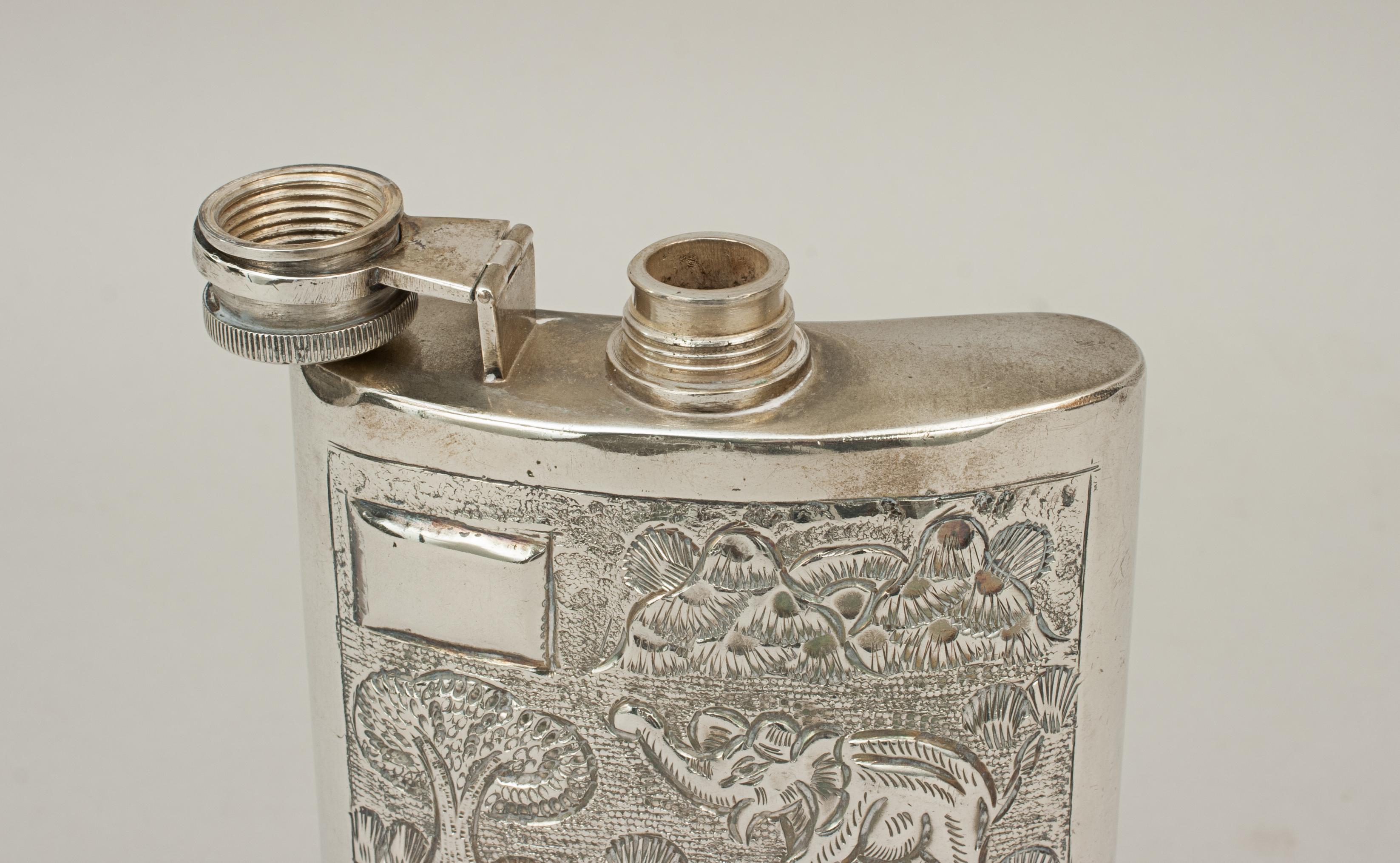 Eastern Design Silver Hip Flask with Elephant, Colonial Hip Flask 1
