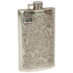 Vintage Eastern Design Silver Hip Flask with Elephant, Colonial Hip Flask
