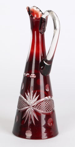 Eastern European Art Deco Cut Glass Red Overlay Jug