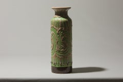 Eastern European Ceramic Cylinder Vase, Textured Glaze with Green Motif, 1970s