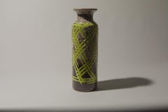 Eastern European Ceramic Cylinder Vase, Textured Glaze with Green Motif, 1970s