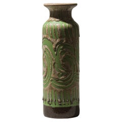 Eastern European Ceramic Cylinder Vase, Textured Glaze with Green Motif, 1970s