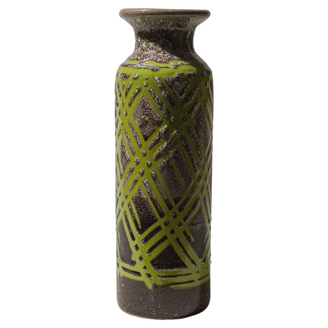 Vase cylindrique en céramique d'Europe de l'Est, glaçure texturée avec motif vert, années 1970 en vente
