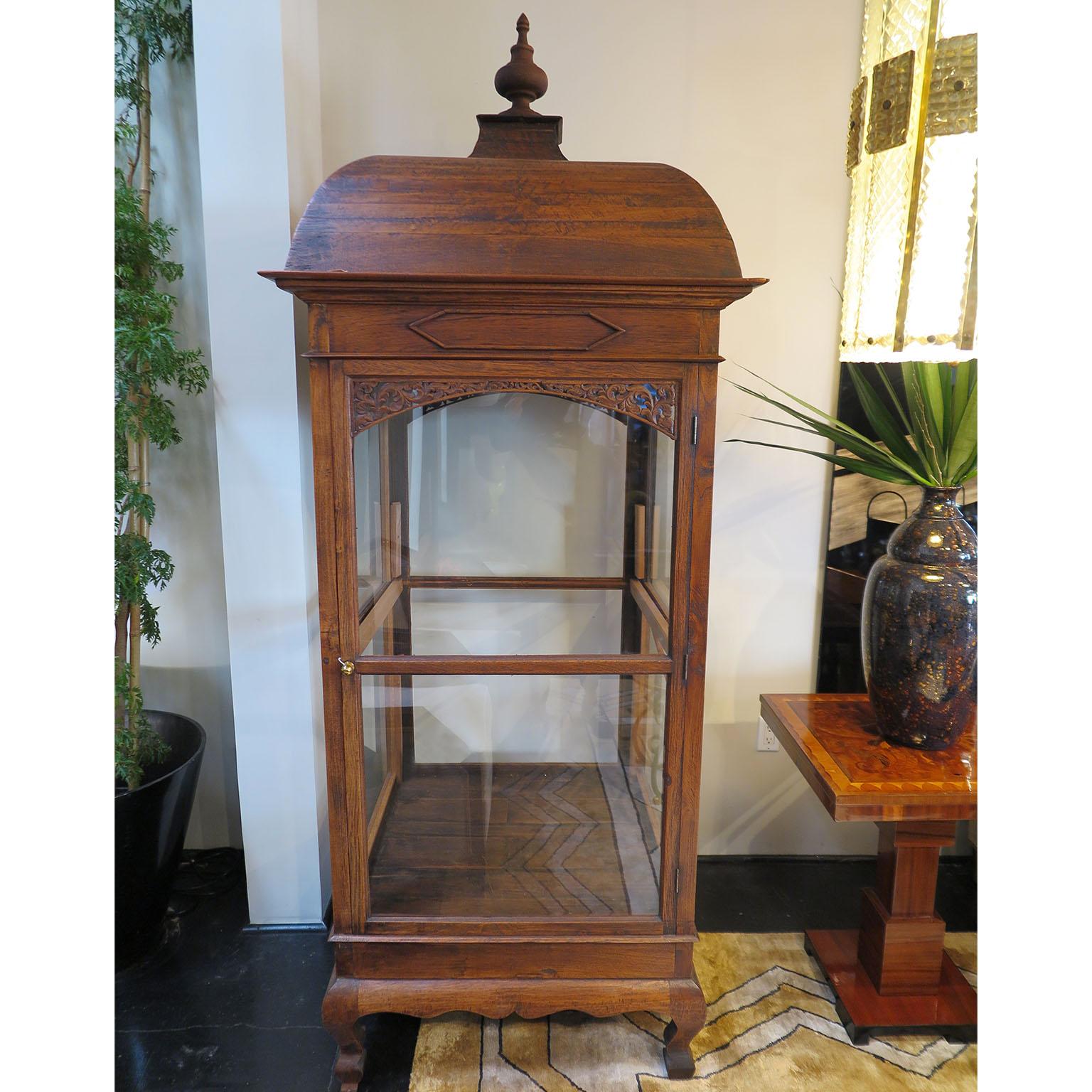 Hand-Carved Eastern European Glass Vitrine with Carved Wood Frame and Details For Sale