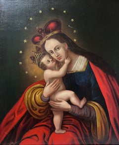Peinture à l'huile de maître ancienne des années 1800 Portrait de la Madonna et du Child Child 