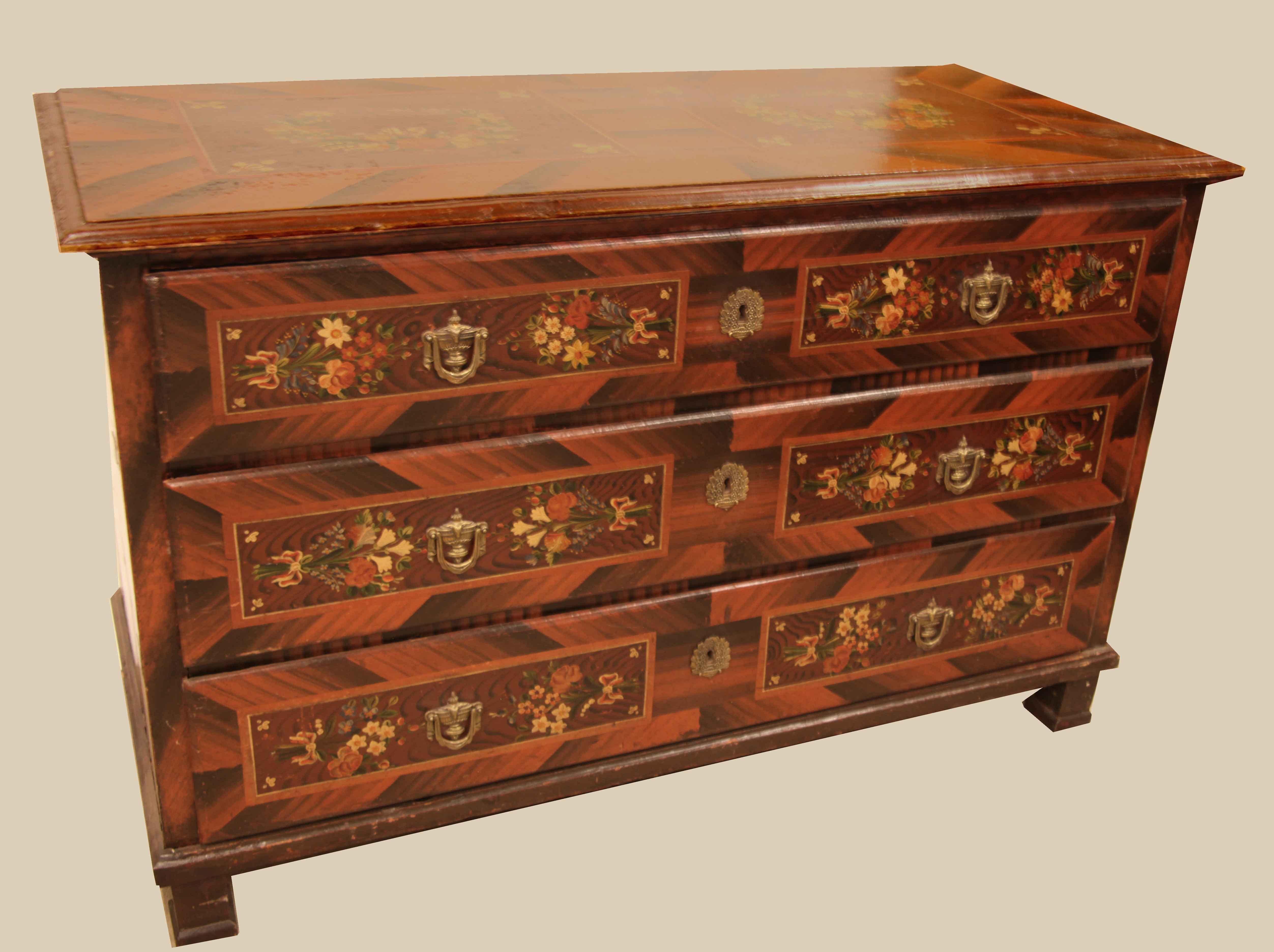 Hand-Painted Eastern European Painted Three Drawer Chest For Sale