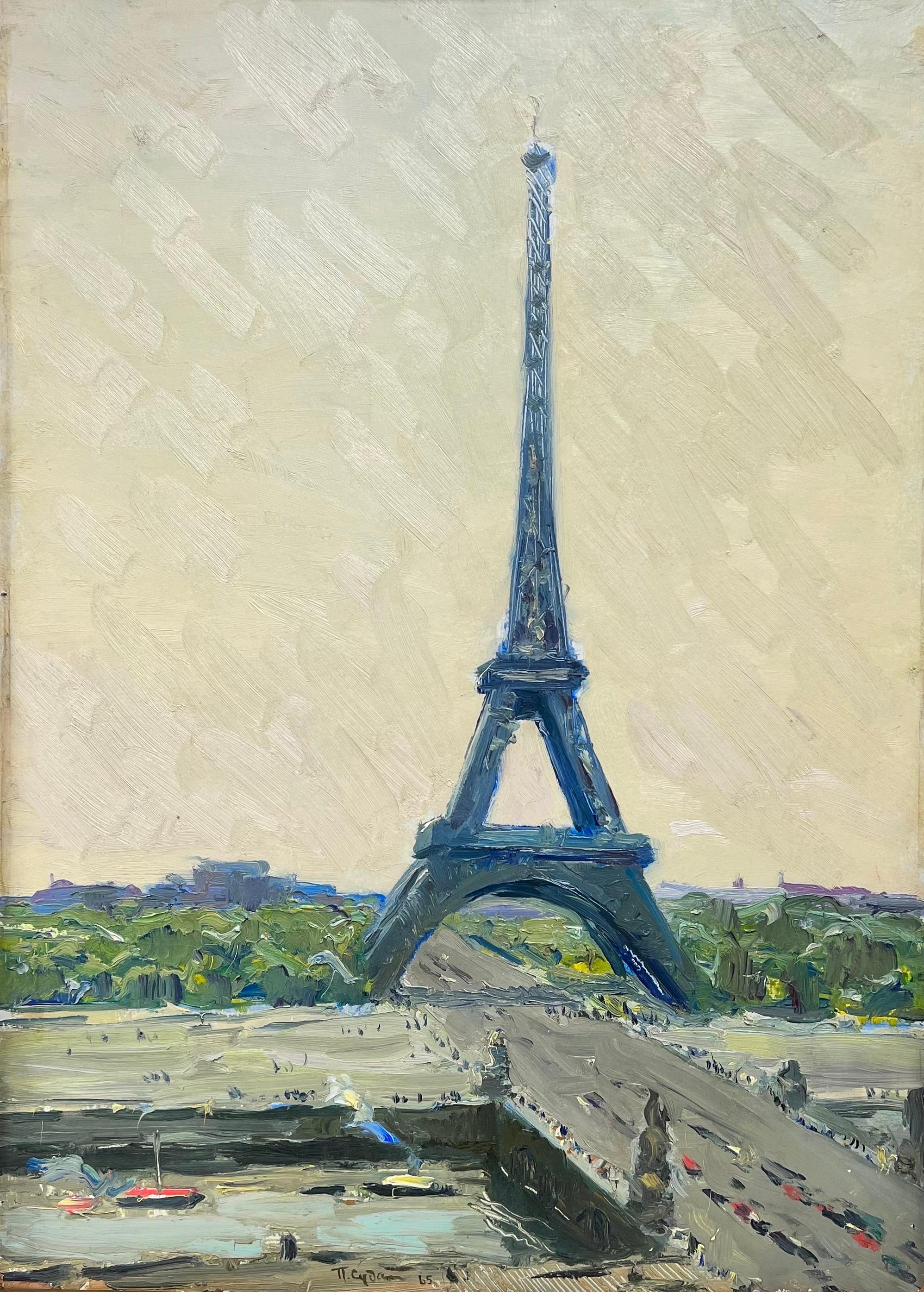Eastern European Landscape Painting - The Eiffel Tower Paris, 1960's Signed Impressionist Painting Mystery Signature