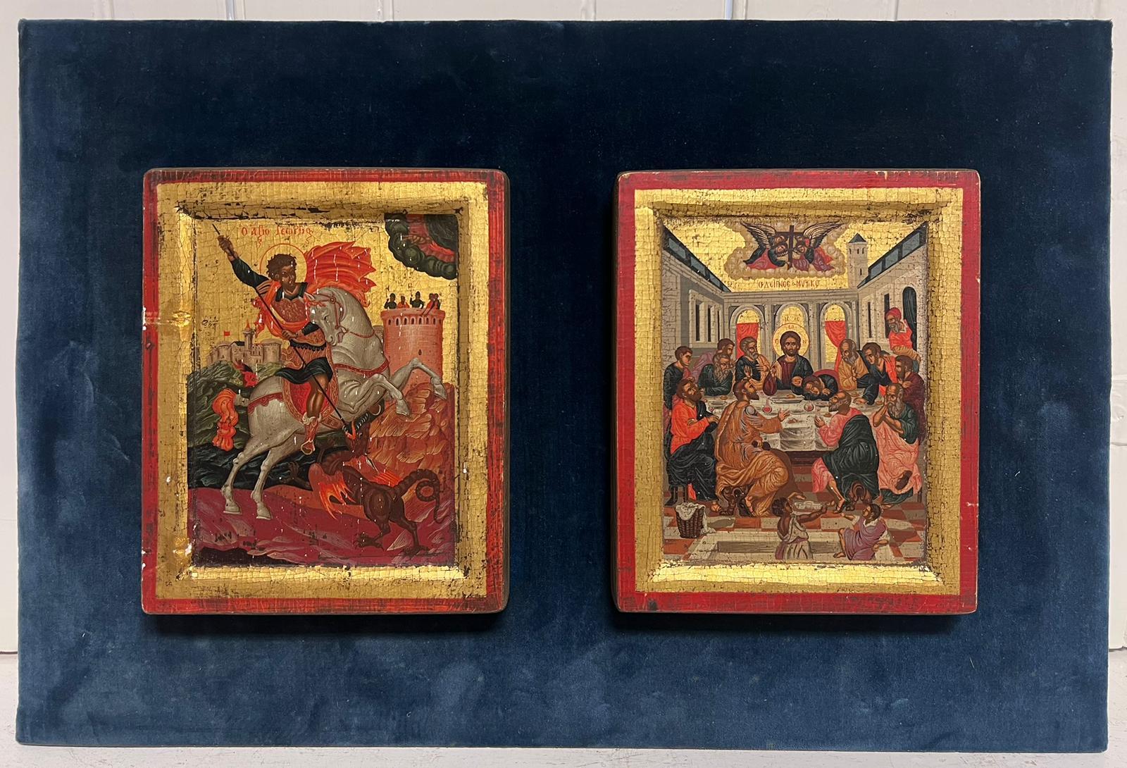 Due icone bibliche L'ultima cena e San Giorgio che combatte il drago - Painting di Eastern European