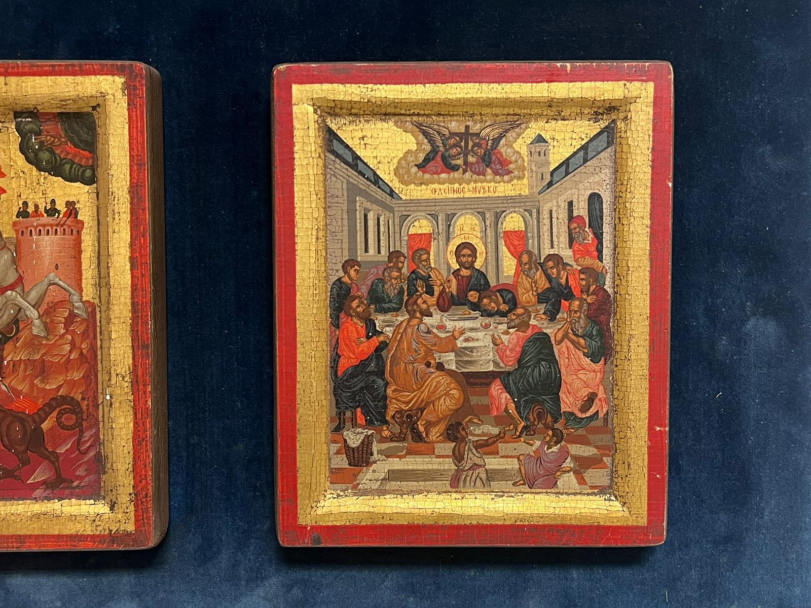 Due icone bibliche L'ultima cena e San Giorgio che combatte il drago - Painting Antichi maestri di Eastern European