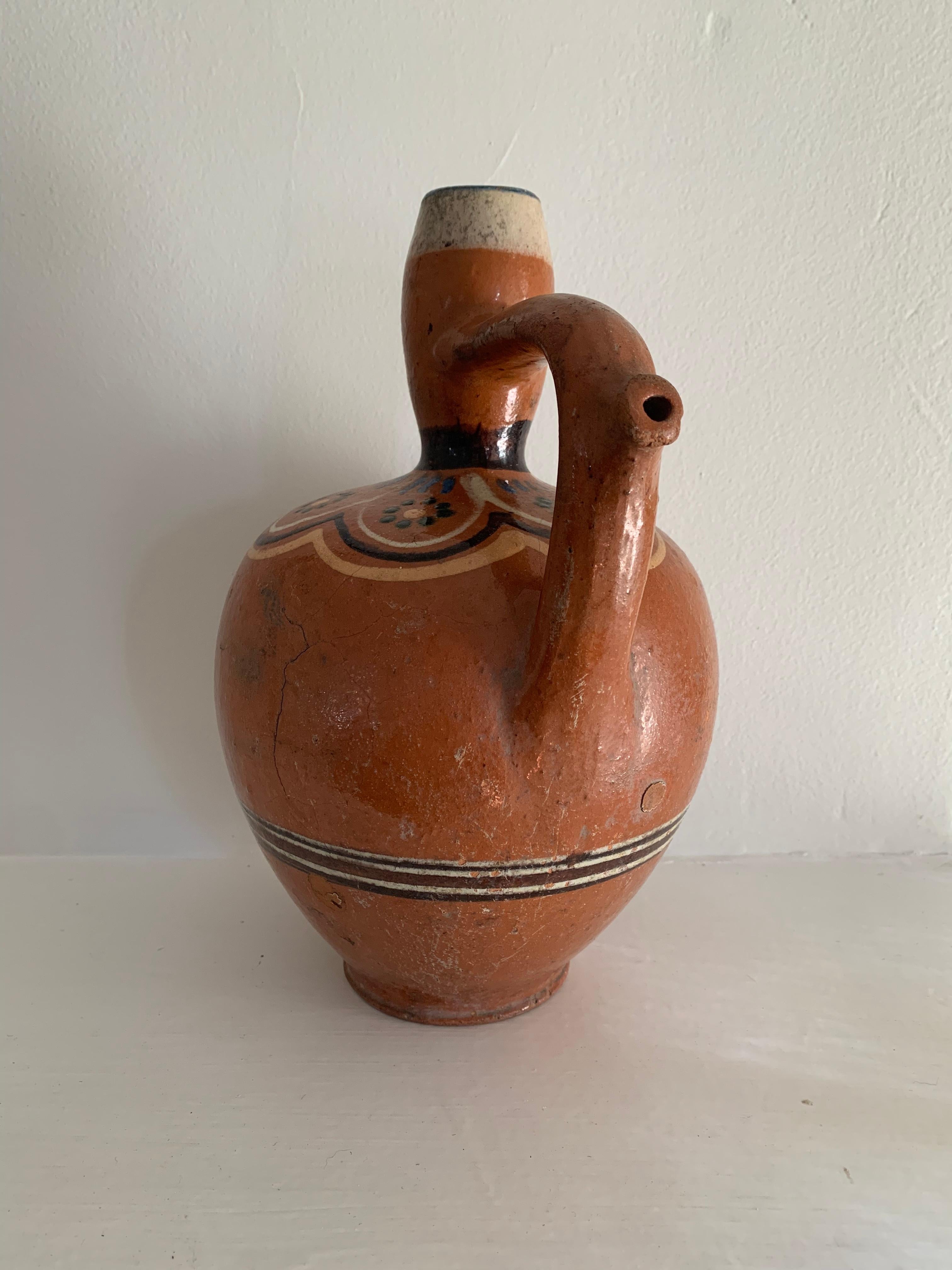 Primitive Eastern European Slip-Decorated Earthenware Jug, Hungary or Romania, Early 20th For Sale