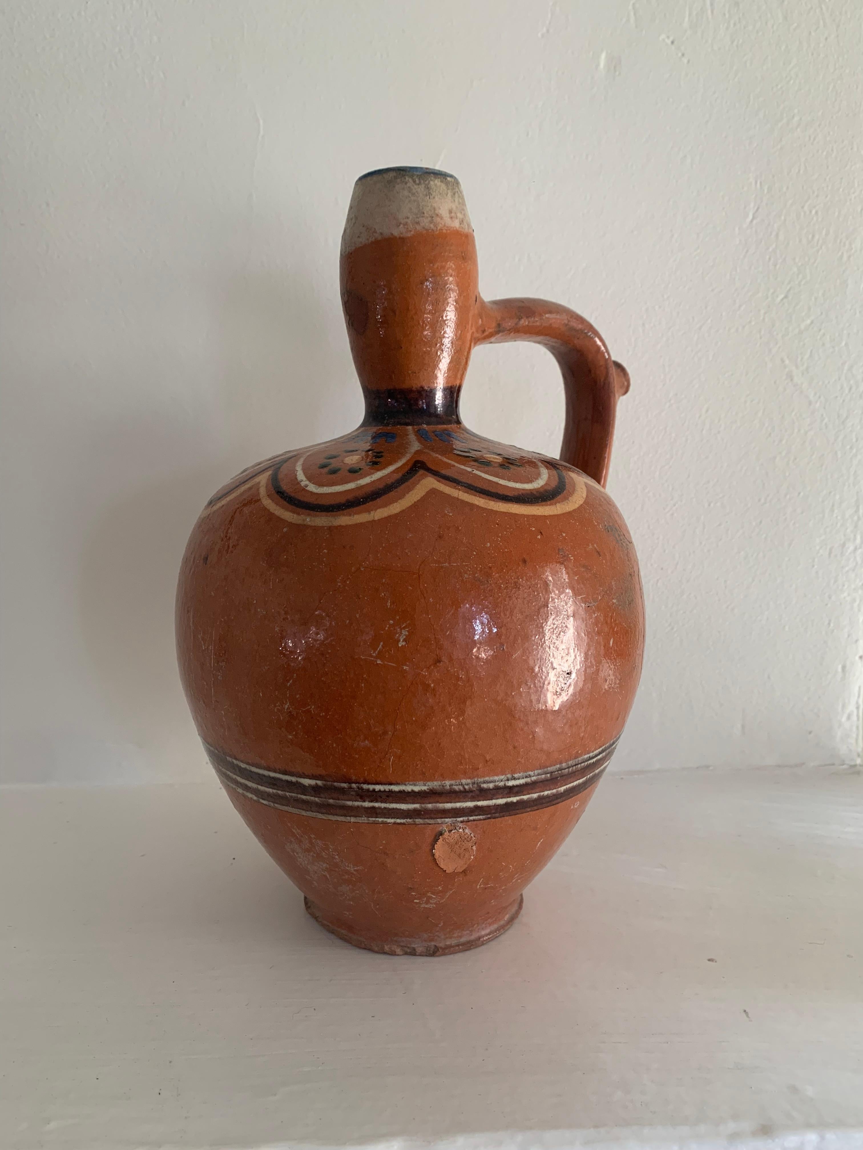 Eastern European Slip-Decorated Earthenware Jug, Hungary or Romania, Early 20th In Good Condition For Sale In New York, NY